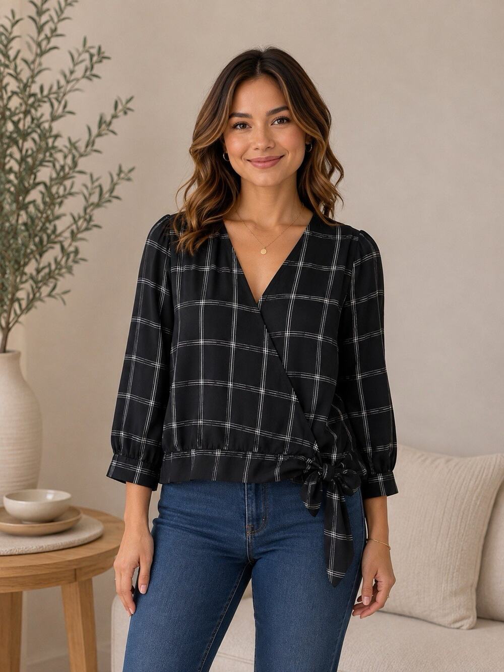 Madewell Top S Black White Plaid Tie Front Blouse Long Sleeve Crop V Neck